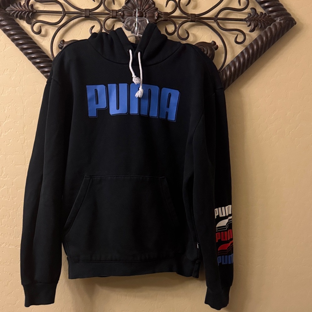 PUMA Men's Black Hoodie with Blue and Red Accents